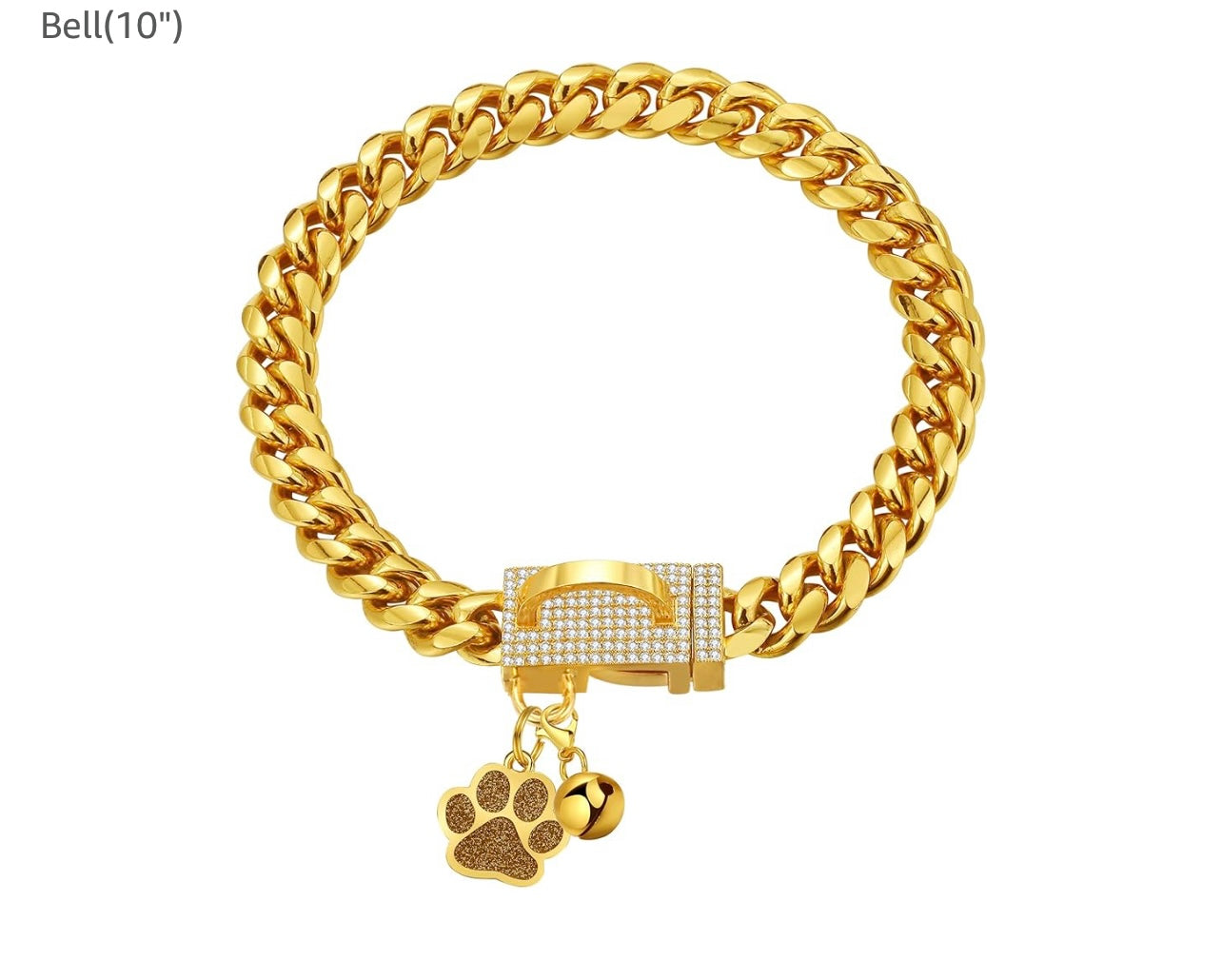 Dog Chain Collars Gold Dog Collar 10mm Cuban Link Dog Collar Stainless Steel Cuban Link Dog Collar with CZ Diamond Buckle Bling for Puppy Small Medium Large Dogs includes Dog tag & Bell(10")