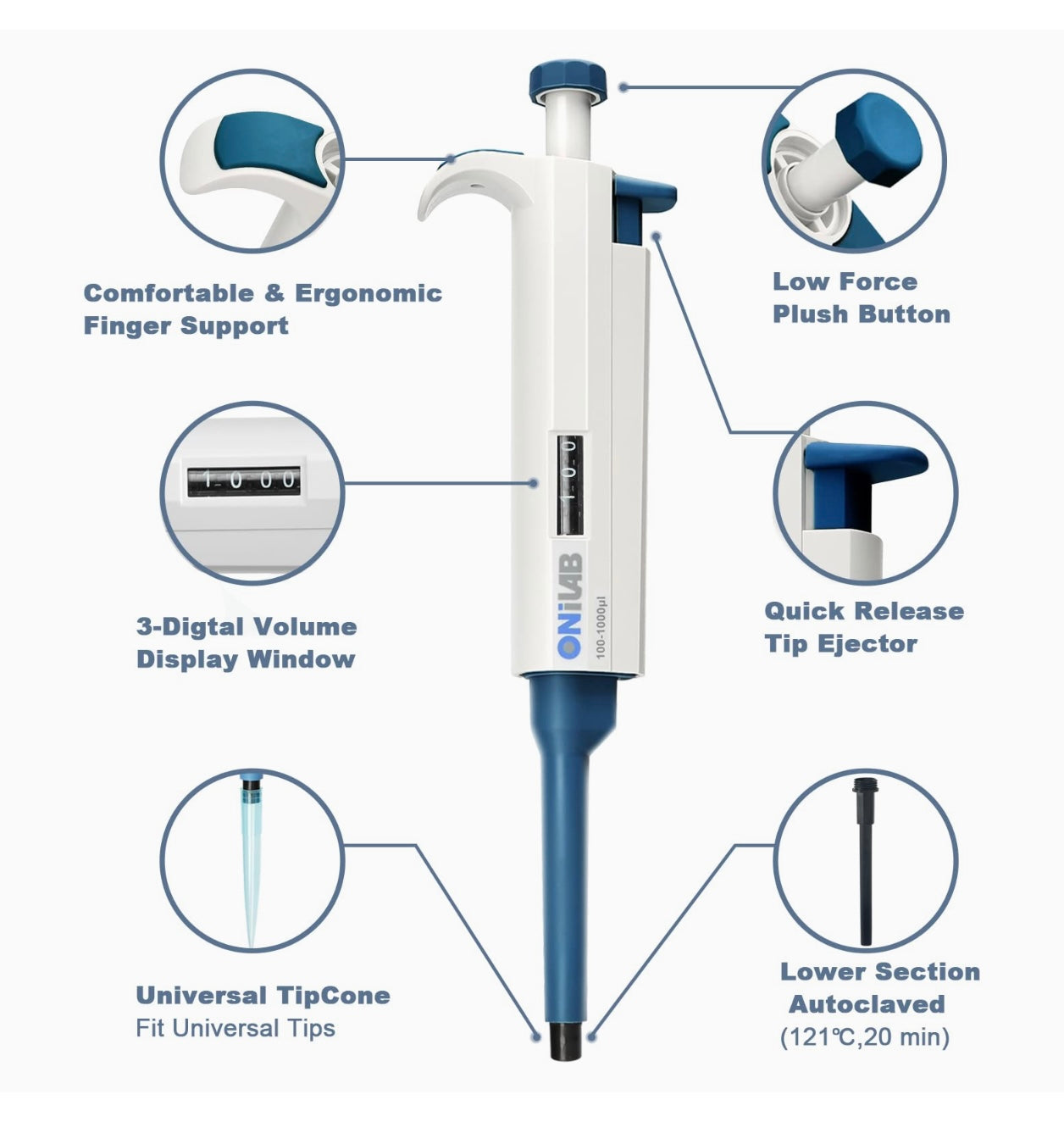 ONiLAB 50-200ul High-Accurate Single-Channel Manual Adjustable Variable Volume Pipette