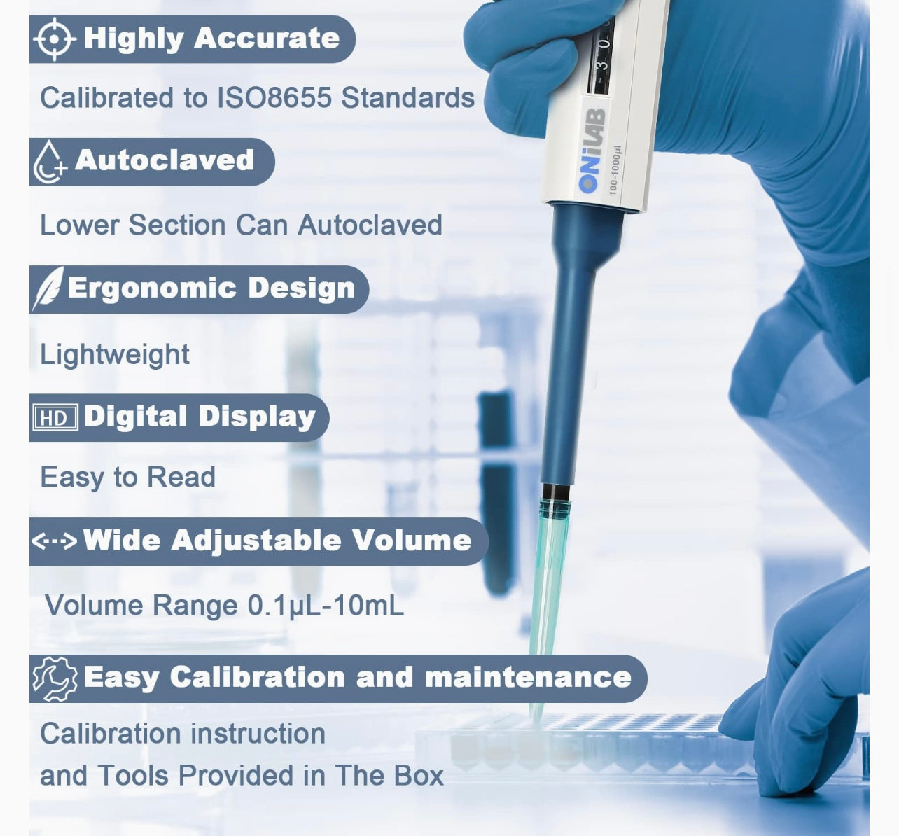 ONiLAB 50-200ul High-Accurate Single-Channel Manual Adjustable Variable Volume Pipette