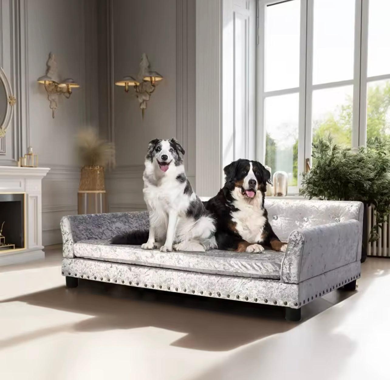 Luxury Velvet Tufted Dog Sofa Bed Large Elevated Pet Bed Upholstered Cushion Wooden Frame Raised Puppy Sofa Couch https://a.aliexpress.com/_m07O15V